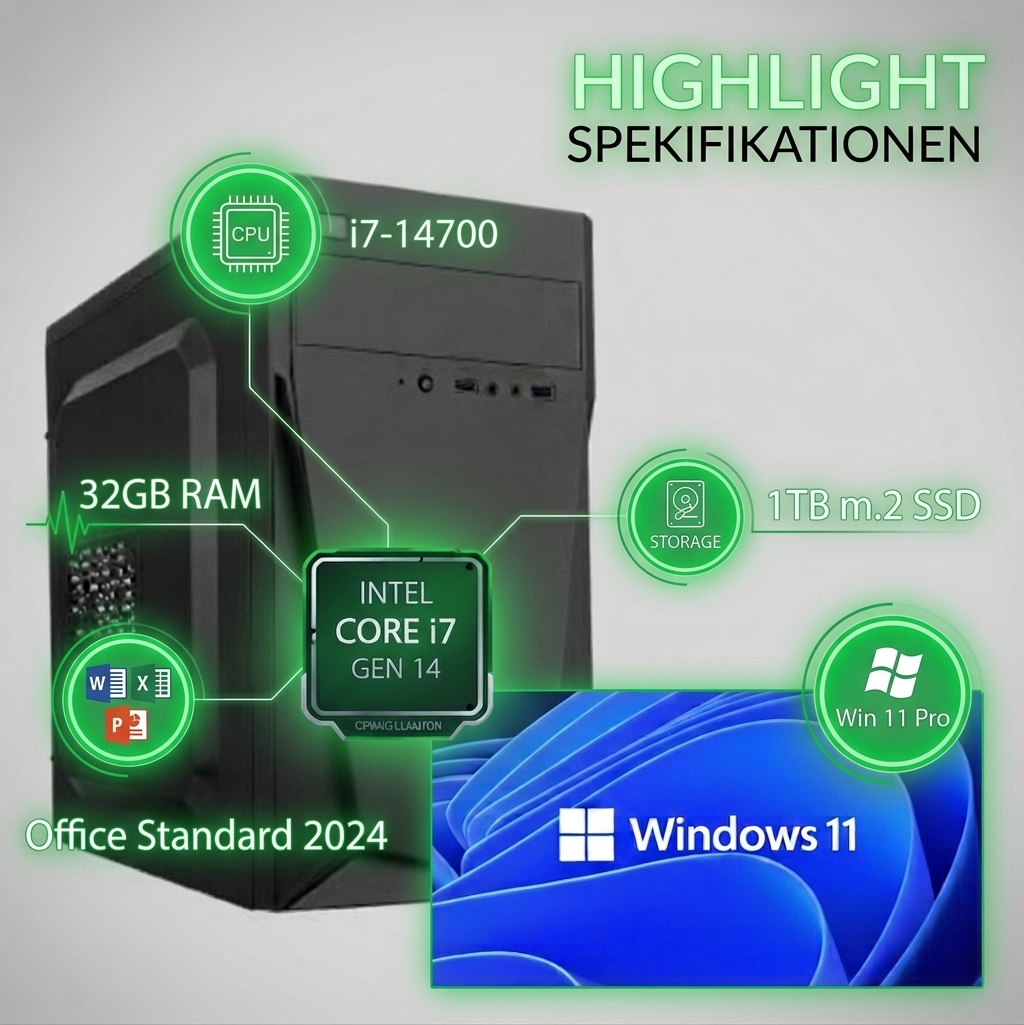 PC High-End Intel i7-14700 | 32GB RAM | 1TB NVMe SSD | Win 11 Pro & Office Pro Plus 2024